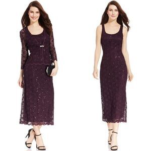 New! R&M RICHARDS Women's 2-Piece Sequined Lace Dress & Jacket Set Size 10 Plum